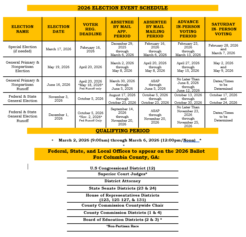 2026 Election Event Calendar 